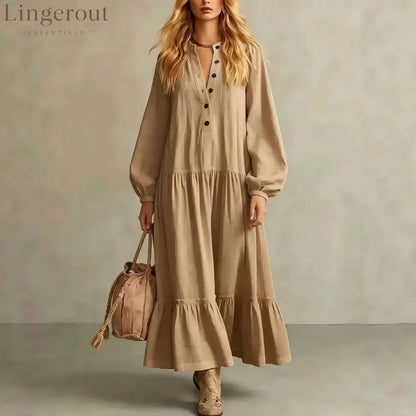 Crinkled Half Button Balloon Sleeve Tiered Ruffle Maxi Dress
