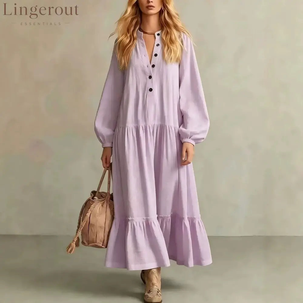 Crinkled Half Button Balloon Sleeve Tiered Ruffle Maxi Dress