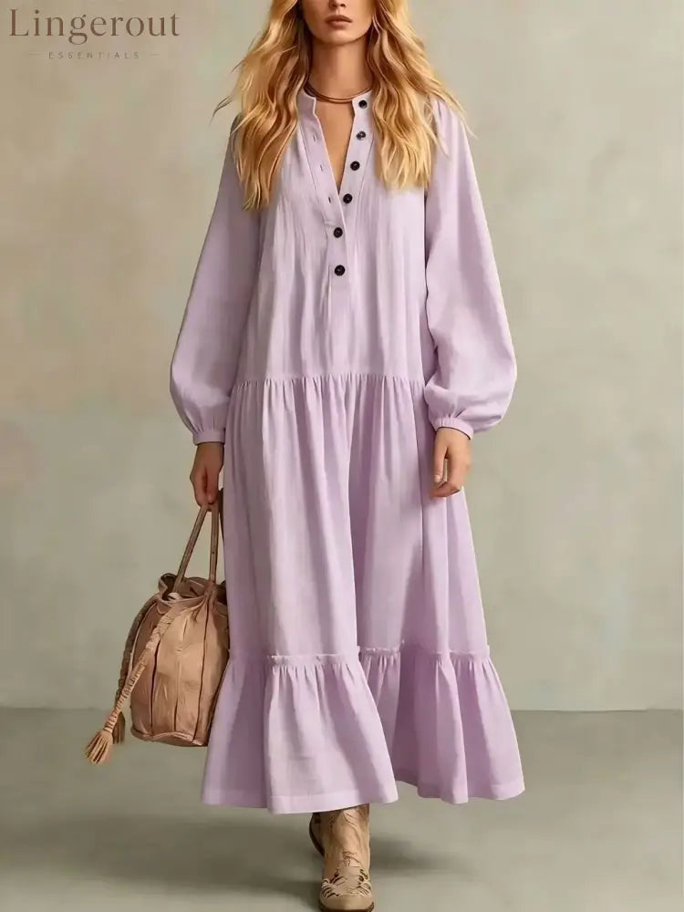 Crinkled Half Button Balloon Sleeve Tiered Ruffle Maxi Dress - Light purple / S