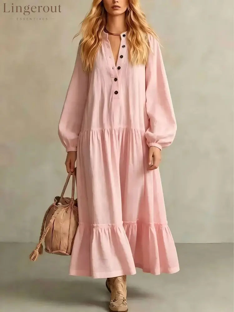 Crinkled Half Button Balloon Sleeve Tiered Ruffle Maxi Dress - Pink / S