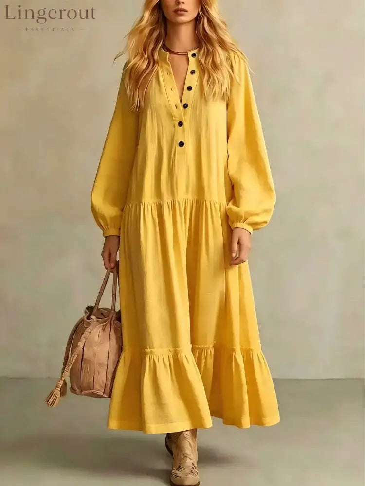 Crinkled Half Button Balloon Sleeve Tiered Ruffle Maxi Dress - Yellow / S