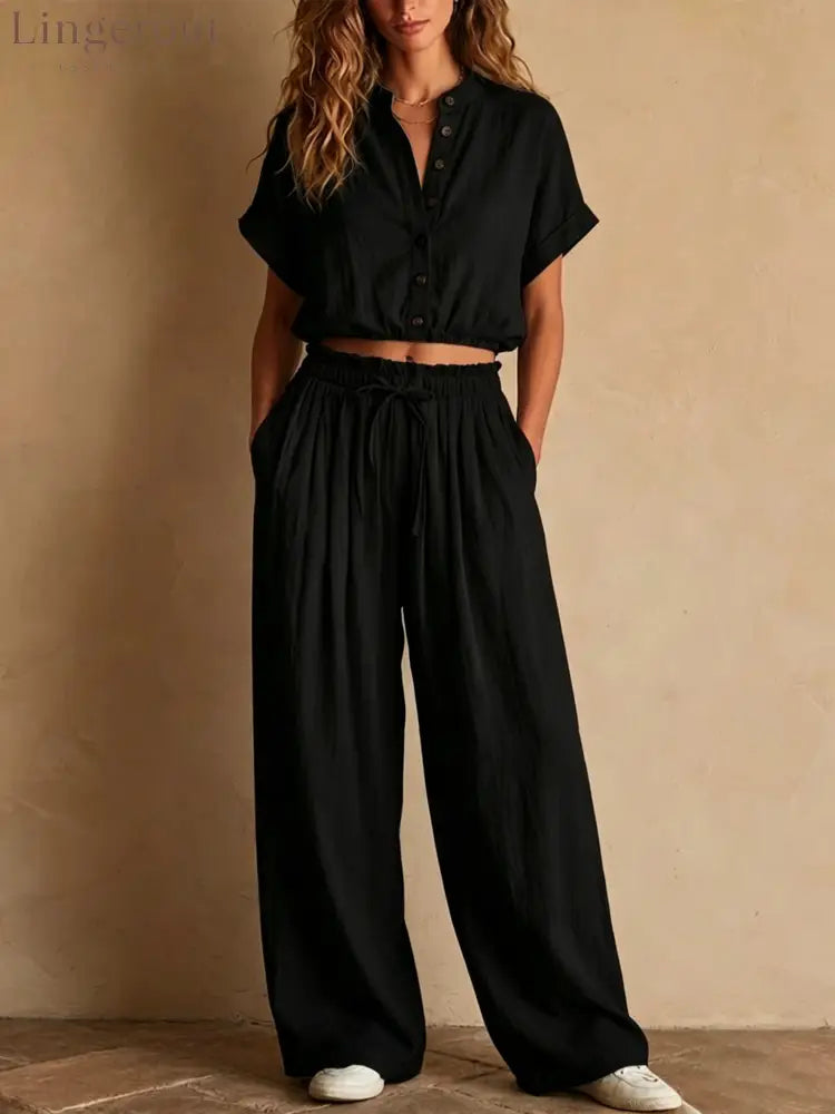 Crinkled Linen Two Piece Set - Black / S
