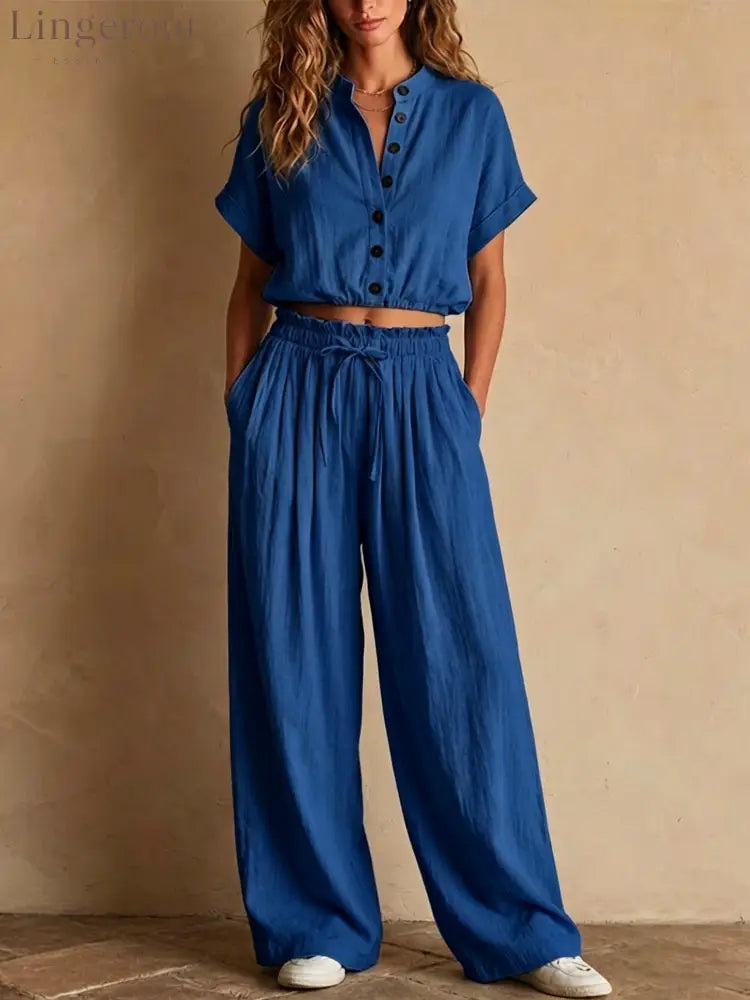 Crinkled Linen Two Piece Set - Blue / S