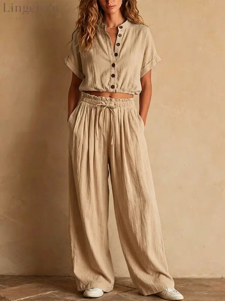 Crinkled Linen Two Piece Set - Khaki / S