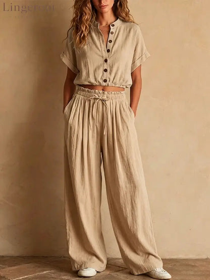 Crinkled Linen Two Piece Set - Khaki / S