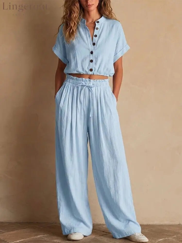 Crinkled Linen Two Piece Set - Light blue / S