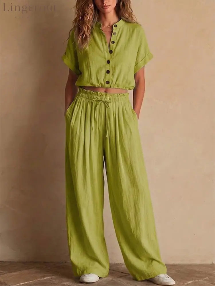 Crinkled Linen Two Piece Set - Olive green / S