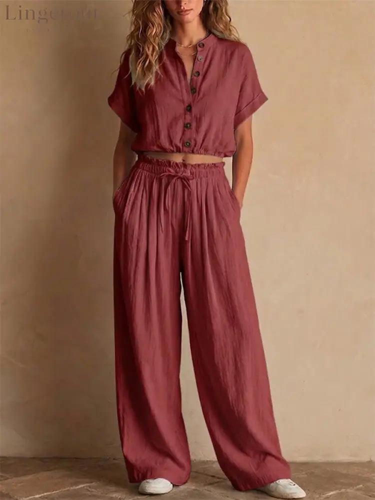 Crinkled Linen Two Piece Set - Red / S