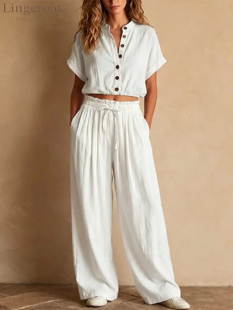 Crinkled Linen Two Piece Set - White / S