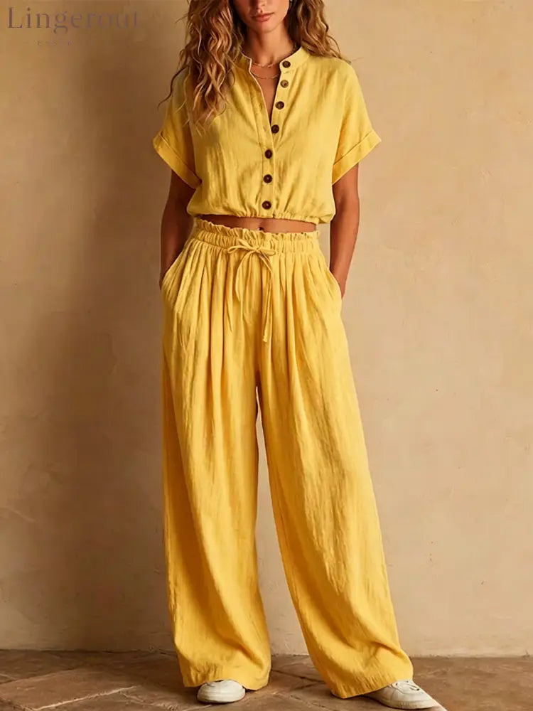 Crinkled Linen Two Piece Set - Yellow / S