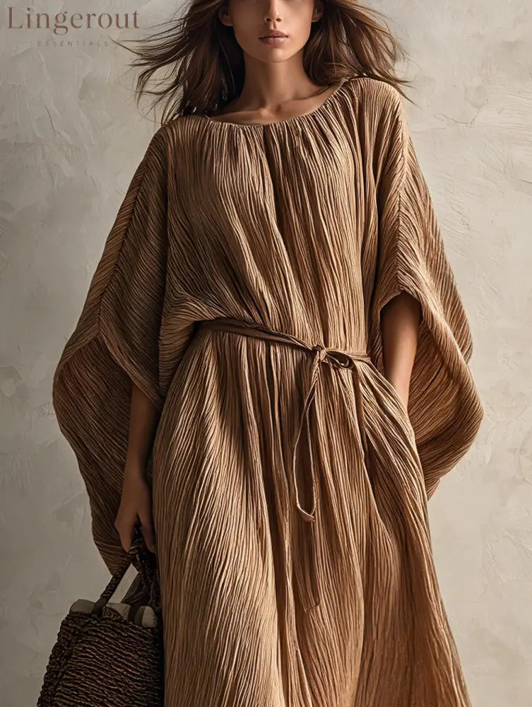 Khaki loose-fit pleated maxi dress with batwing sleeves