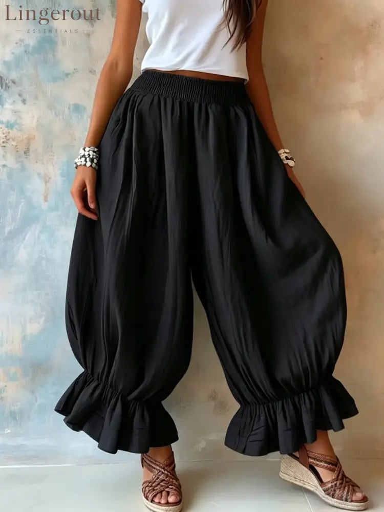 Crinkled Textured Balloon Harem Pants - Black / S
