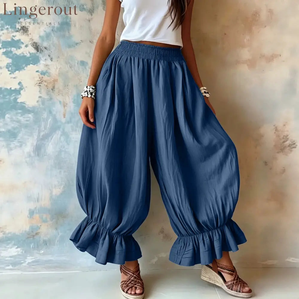 Crinkled Textured Balloon Harem Pants - Navy blue / S