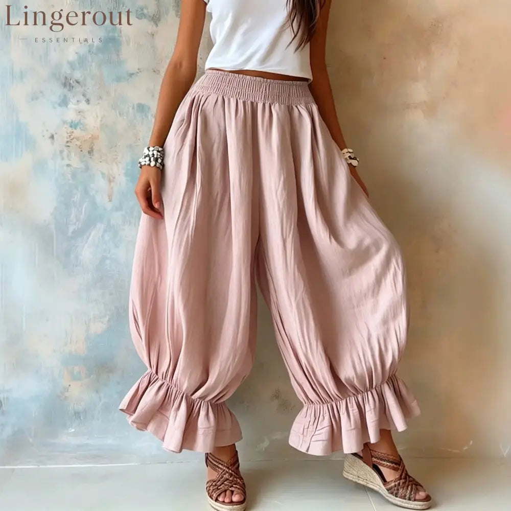 Crinkled Textured Balloon Harem Pants - Pink / S