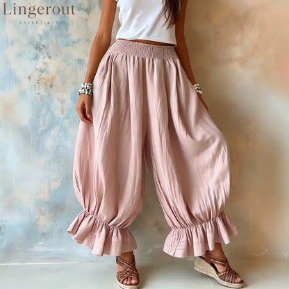 Crinkled Textured Balloon Harem Pants - Pink / S