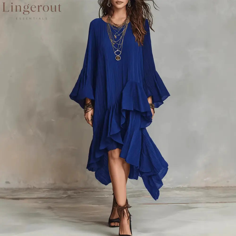 Crinkled Textured Oversized Bell Sleeve Asymmetrical Ruffle High Low Midi Dress