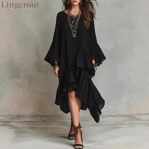 Crinkled Textured Oversized Bell Sleeve Asymmetrical Ruffle High Low Midi Dress