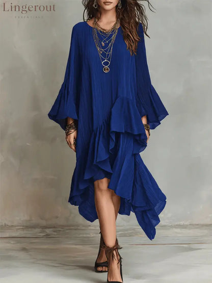 Crinkled Textured Oversized Bell Sleeve Asymmetrical Ruffle High Low Midi Dress - Blue / XS