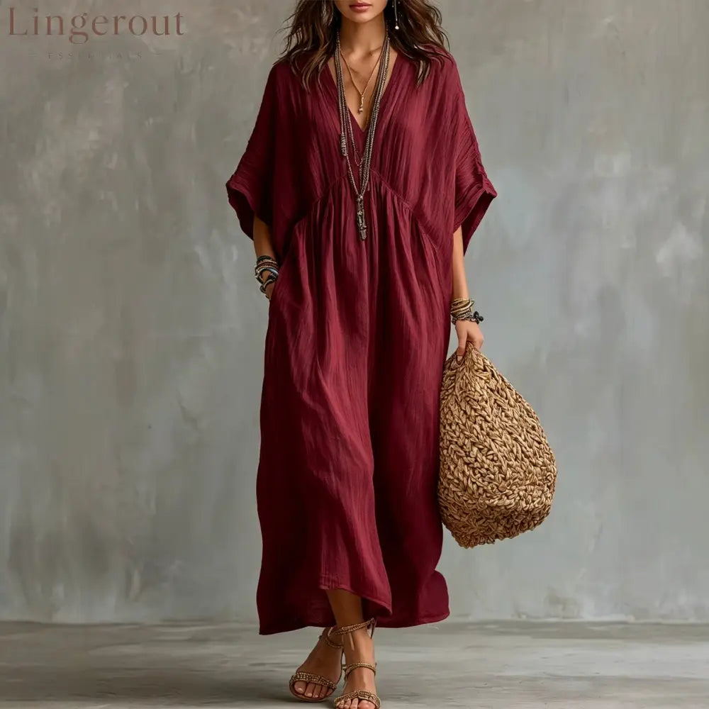 Crinkled V Neck Dolman Sleeve Gathered Waist Kaftan Maxi Dress - Claret / S