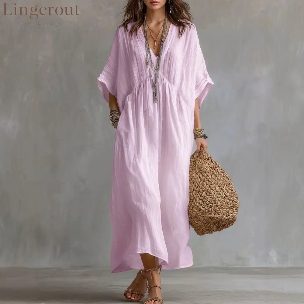 Crinkled V Neck Dolman Sleeve Gathered Waist Kaftan Maxi Dress - Pink / S