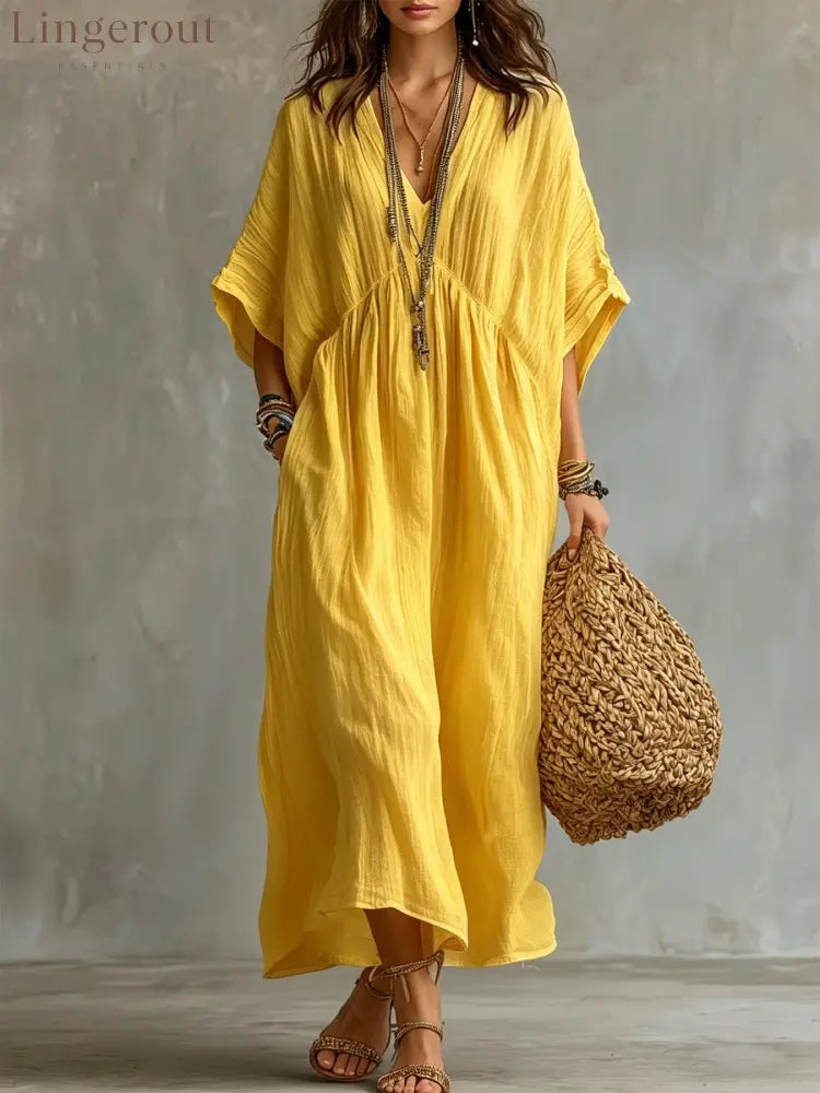 Crinkled V Neck Dolman Sleeve Gathered Waist Kaftan Maxi Dress - Yellow / S
