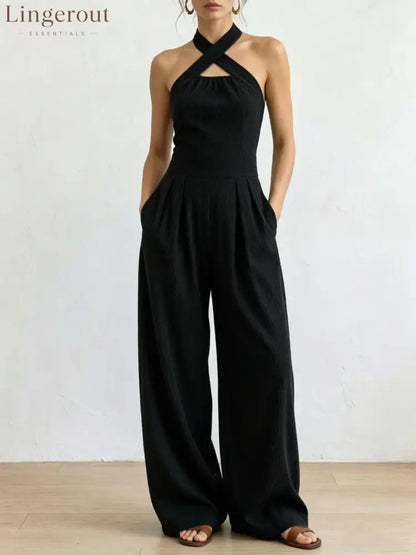 Crisscross Halter Keyhole Cutout High Waist Wide Leg Pantsuit with Pockets - Black / S