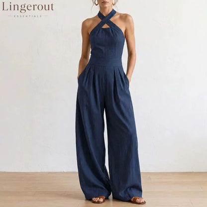 Crisscross Halter Keyhole Cutout High Waist Wide Leg Pantsuit with Pockets - Navy blue / S