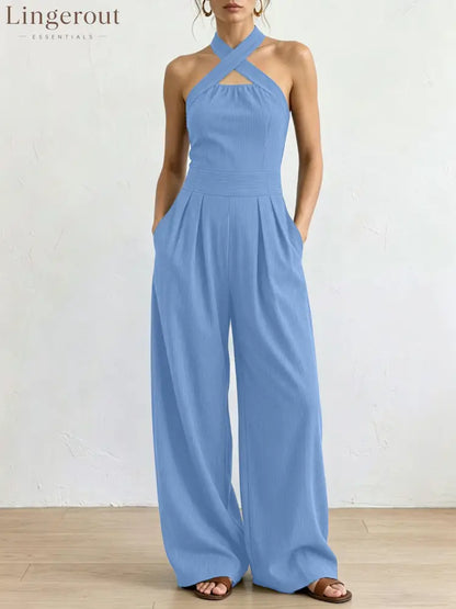 Crisscross Halter Keyhole Cutout High Waist Wide Leg Pantsuit with Pockets - Sky blue / S
