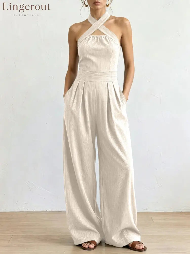 Crisscross Halter Keyhole Cutout High Waist Wide Leg Pantsuit with Pockets - White / S