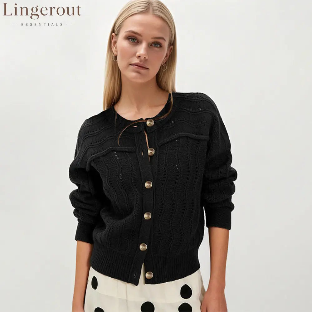 Cropped Hollow Knit Button Cardigan
