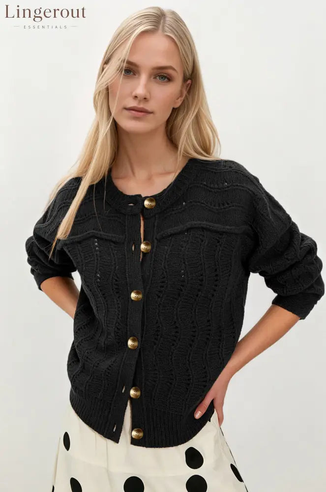 Cropped Hollow Knit Button Cardigan - Black / S