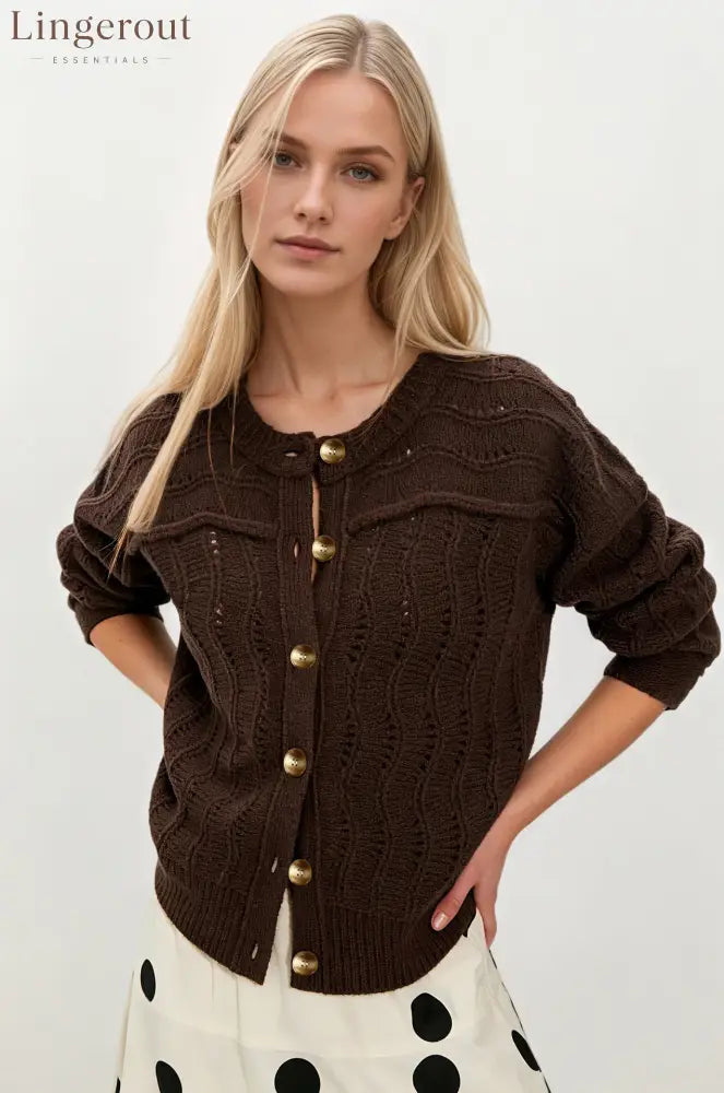 Cropped Hollow Knit Button Cardigan - Brown / S