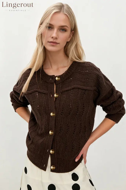 Cropped Hollow Knit Button Cardigan - Brown / S