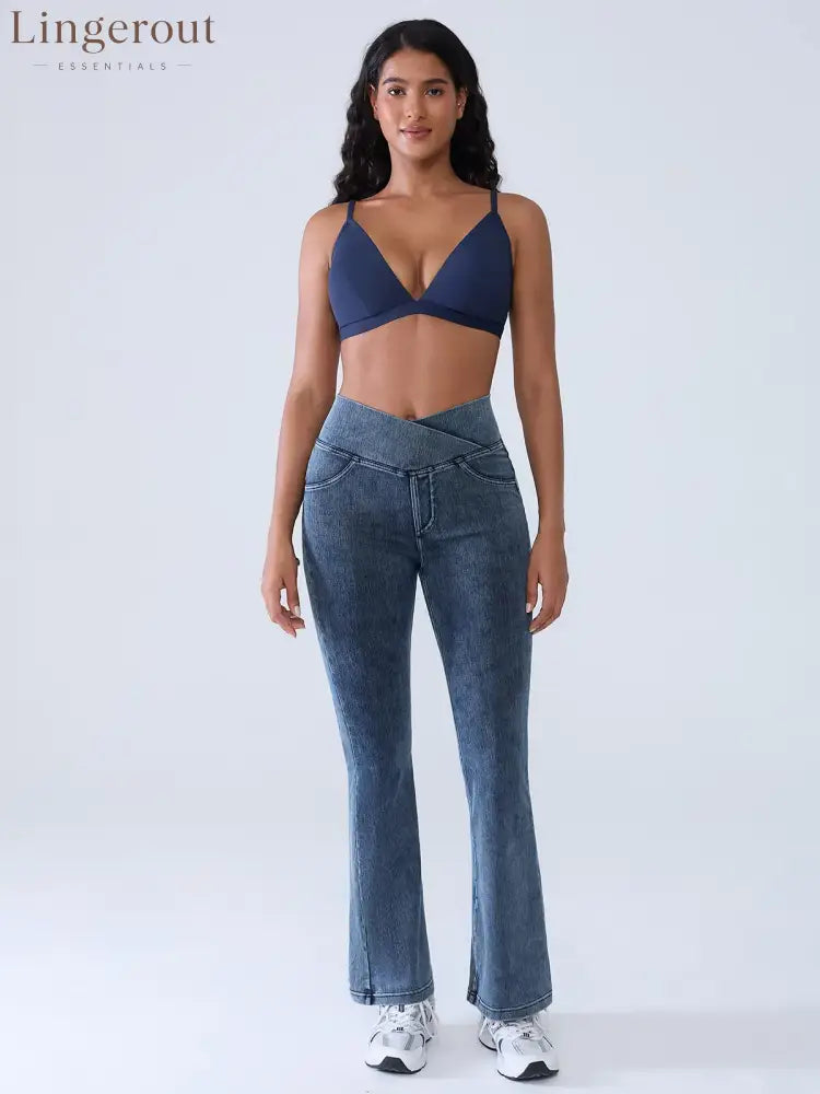 Crossover Denim Side Pockets Flare Leggings Petite