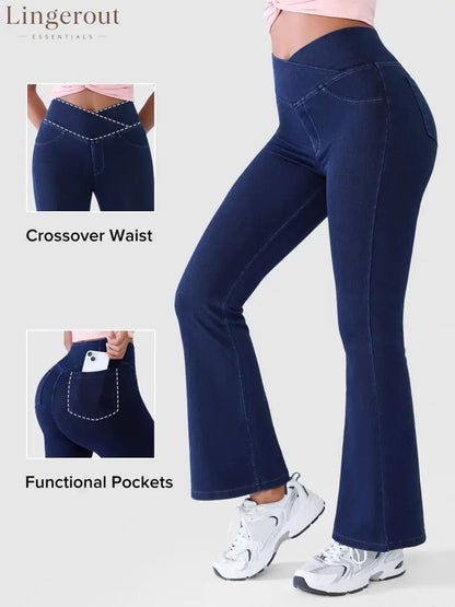 Crossover Denim Side Pockets Flare Leggings Petite