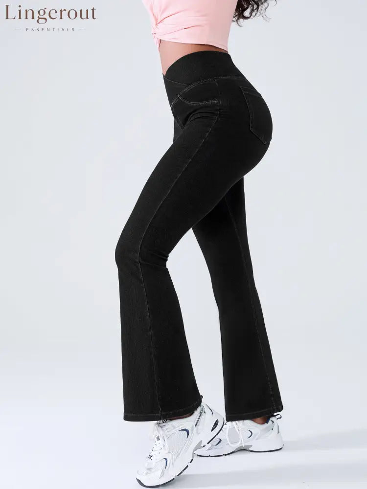 Crossover Denim Side Pockets Flare Leggings Petite