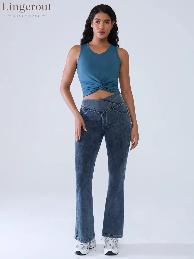Crossover Denim Side Pockets Flare Leggings Petite