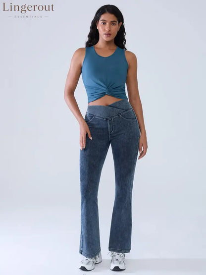 Crossover Denim Side Pockets Flare Leggings Petite