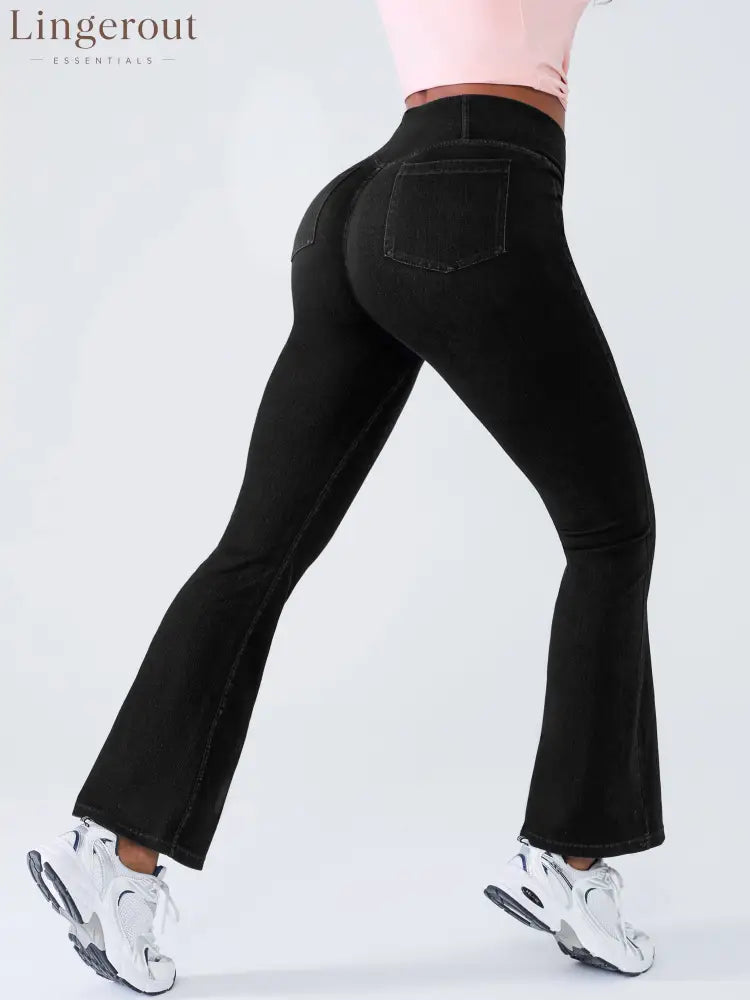 Crossover Denim Side Pockets Flare Leggings Petite - Black / XS