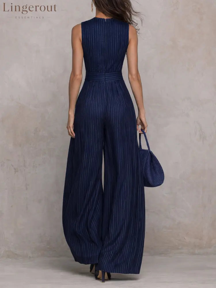 Dark Blue Striped Keyhole Neckline Wide-leg Jumpsuit