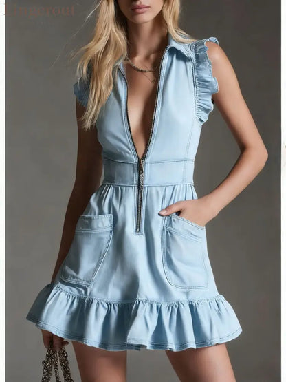 Denim Ruffle Sleeveless Zip Front Mini Dress - Light blue / S