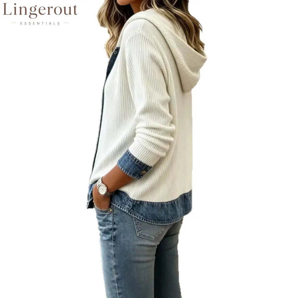 Denim Spliced Ribbed Knit Hooded Cardigan