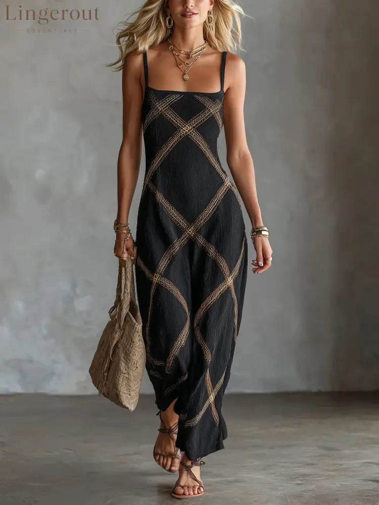 Diamond Lattice Textured Square Neck Slip Maxi Dress – Boho Summer Long Cami Dress - Black / S