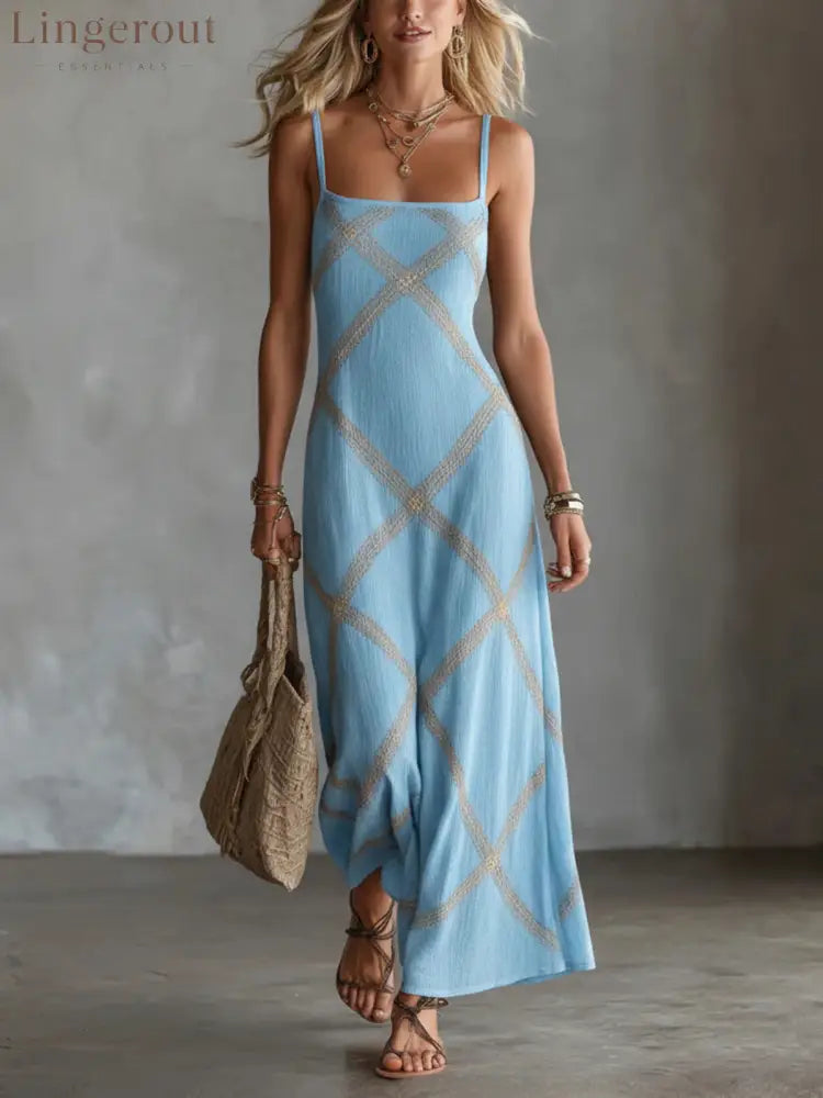 Diamond Lattice Textured Square Neck Slip Maxi Dress – Boho Summer Long Cami Dress - Blue / S