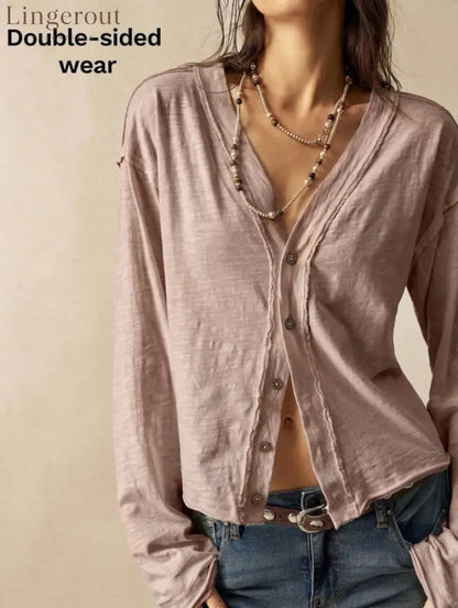 Double-Sided Button Long Sleeve Top - Pink / S