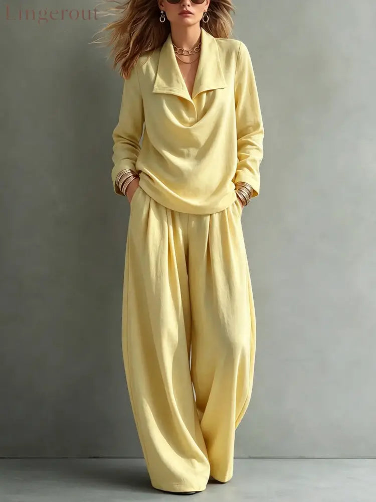 Draped Lapel Casual Matching Two Piece Set - Light yellow / S