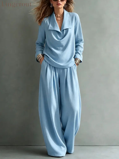 Draped Lapel Casual Matching Two Piece Set - Sky blue / S