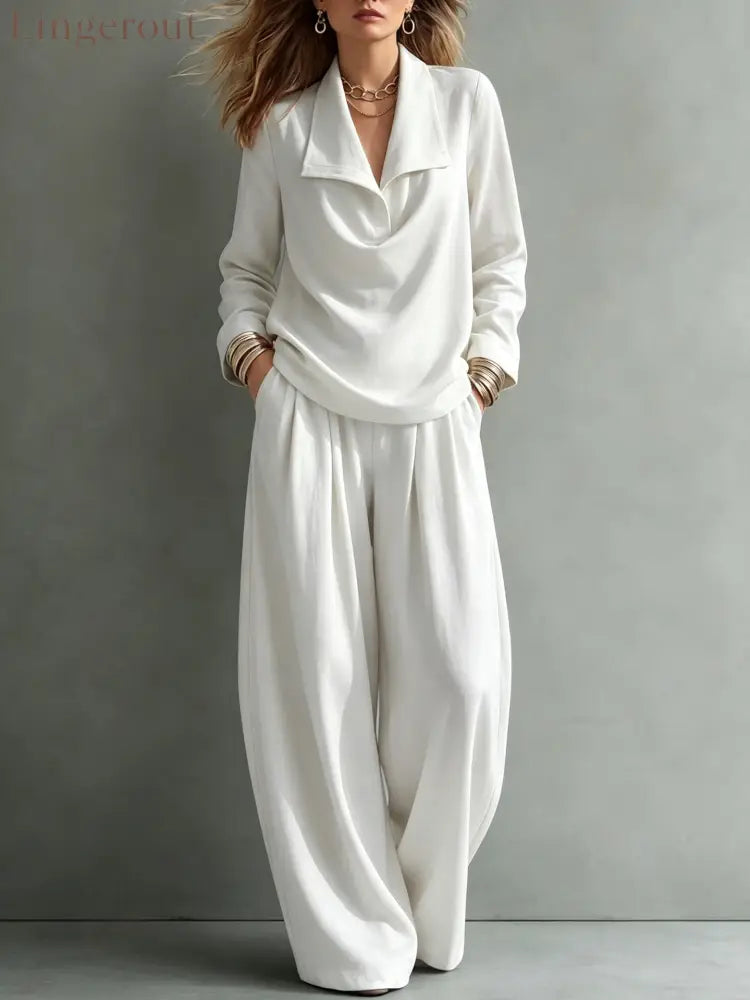 Draped Lapel Casual Matching Two Piece Set - White / S
