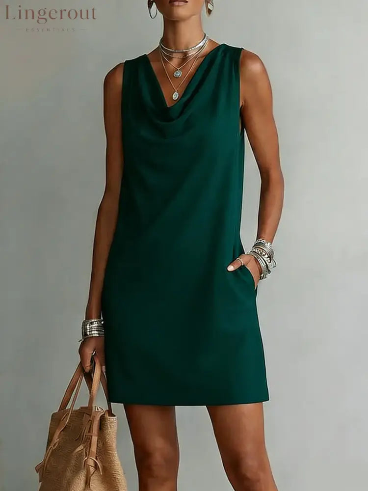 Draped-neck Sleeveless Cotton Dress