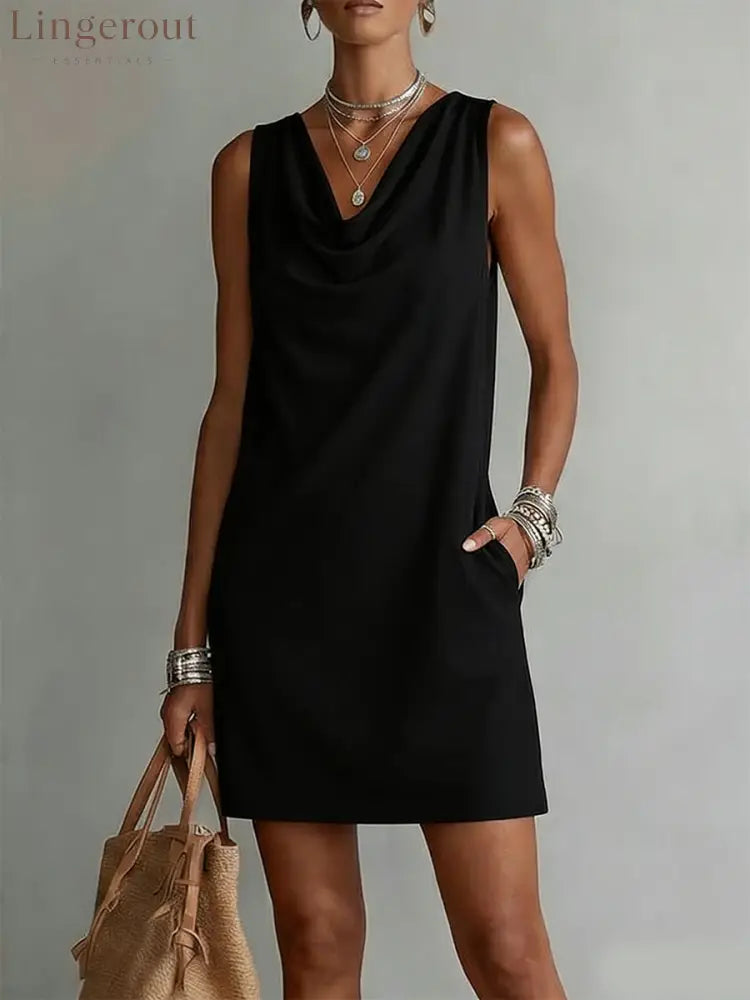 Draped-neck Sleeveless Cotton Dress - Black / S